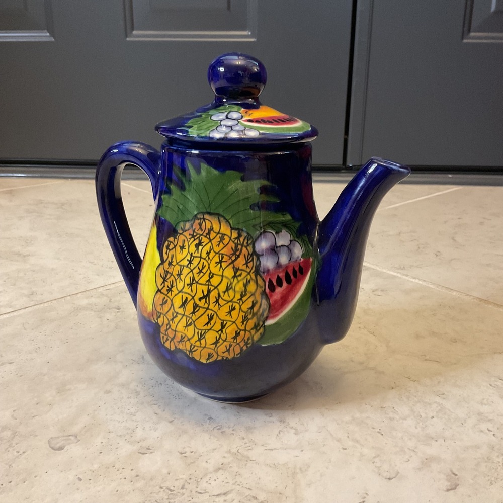 Vintage Mexican Pottery Fruit Teapot Cobalt Blue Hand Painted Ceramic Mexico